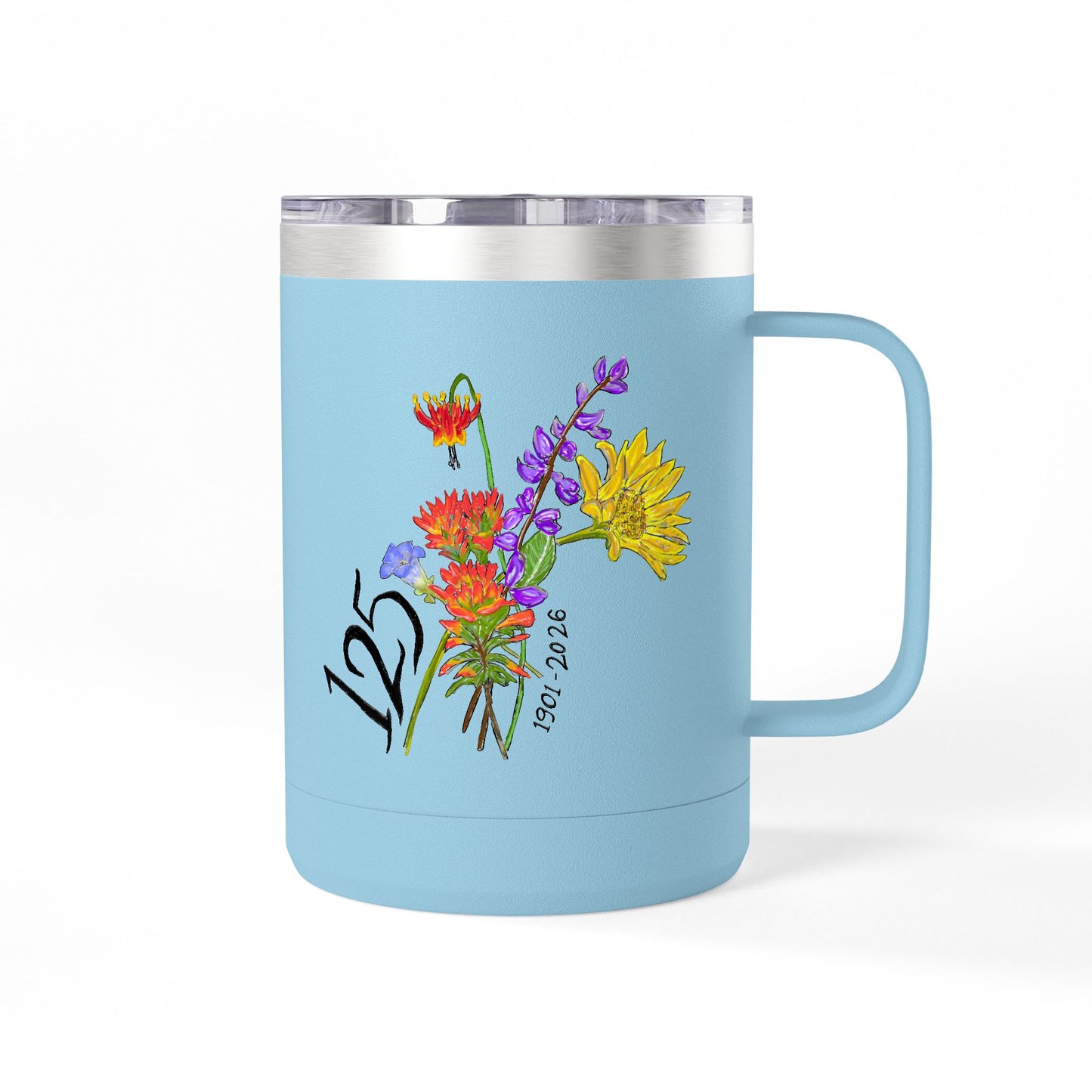 125th Anniversary Floral Travel Mug — Commemorative 15oz Tumbler