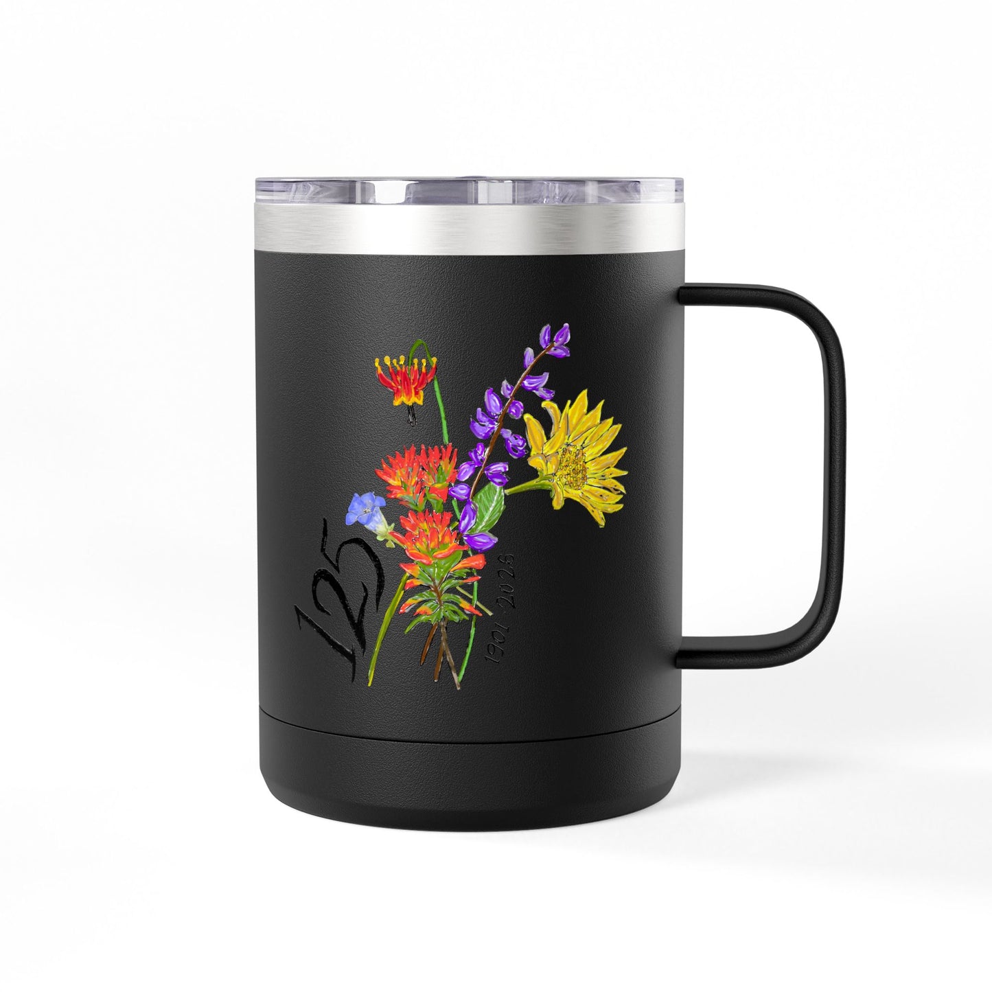 125th Anniversary Floral Travel Mug — Commemorative 15oz Tumbler