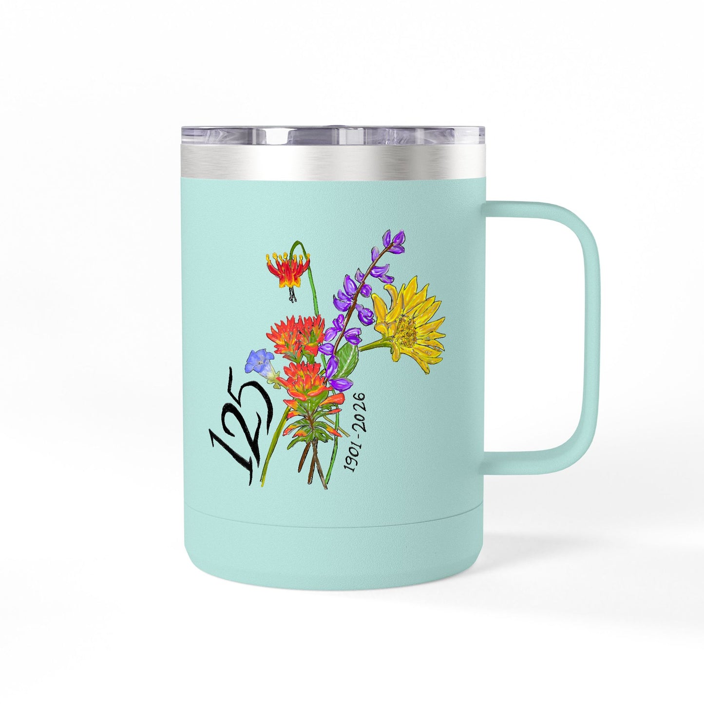 125th Anniversary Floral Travel Mug — Commemorative 15oz Tumbler
