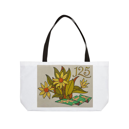 Weekender Tote Bag — Daffodil Quilt Illustration with '125' Vintage Floral Travel Tote