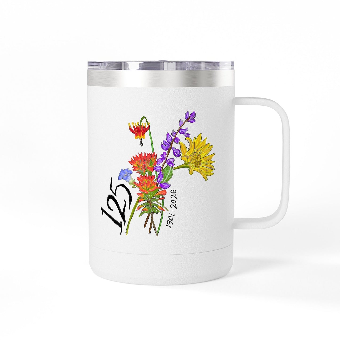 125th Anniversary Floral Travel Mug — Commemorative 15oz Tumbler