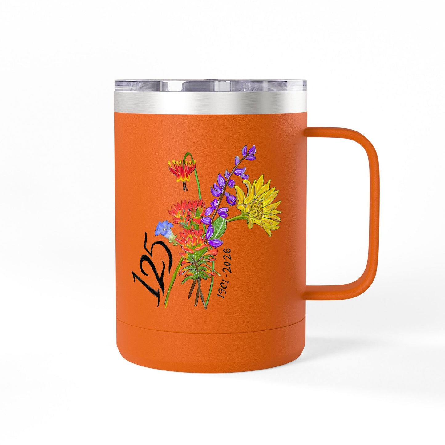 125th Anniversary Floral Travel Mug — Commemorative 15oz Tumbler