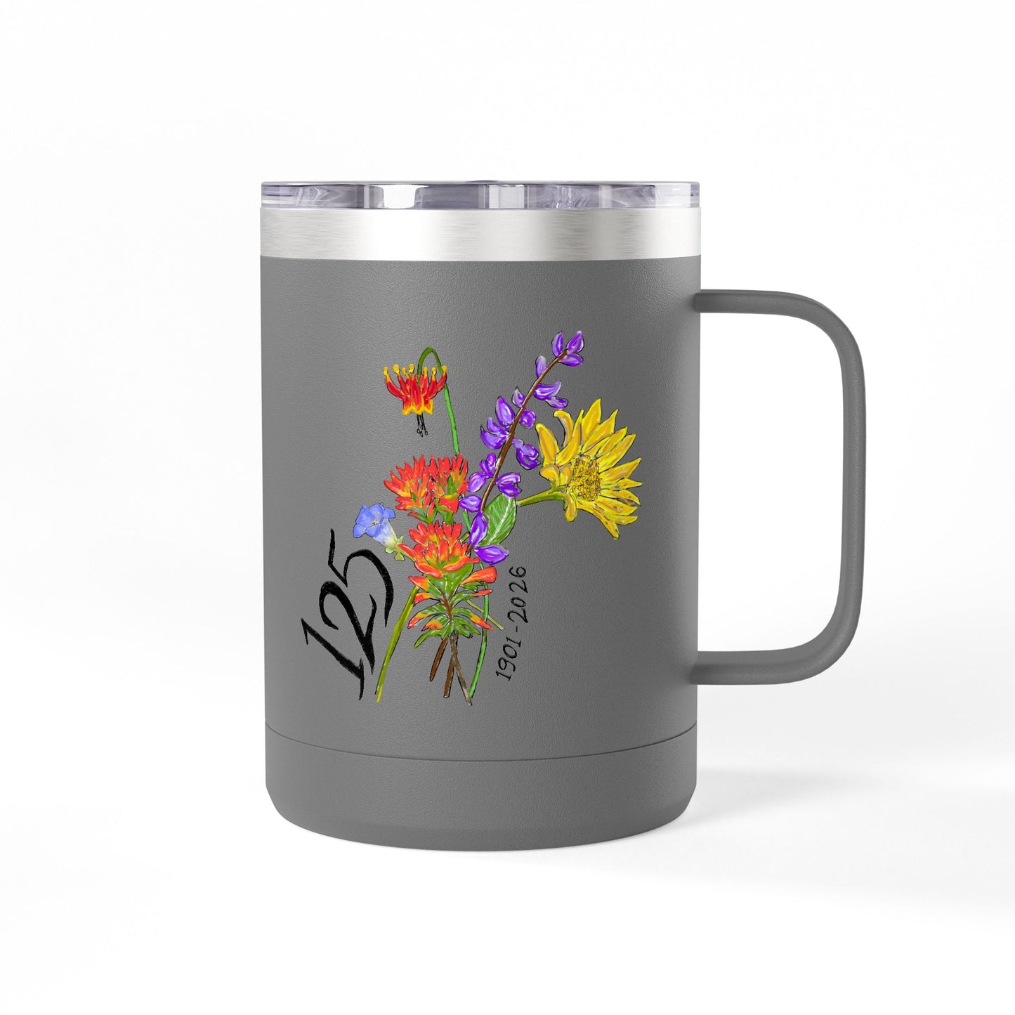 125th Anniversary Floral Travel Mug — Commemorative 15oz Tumbler