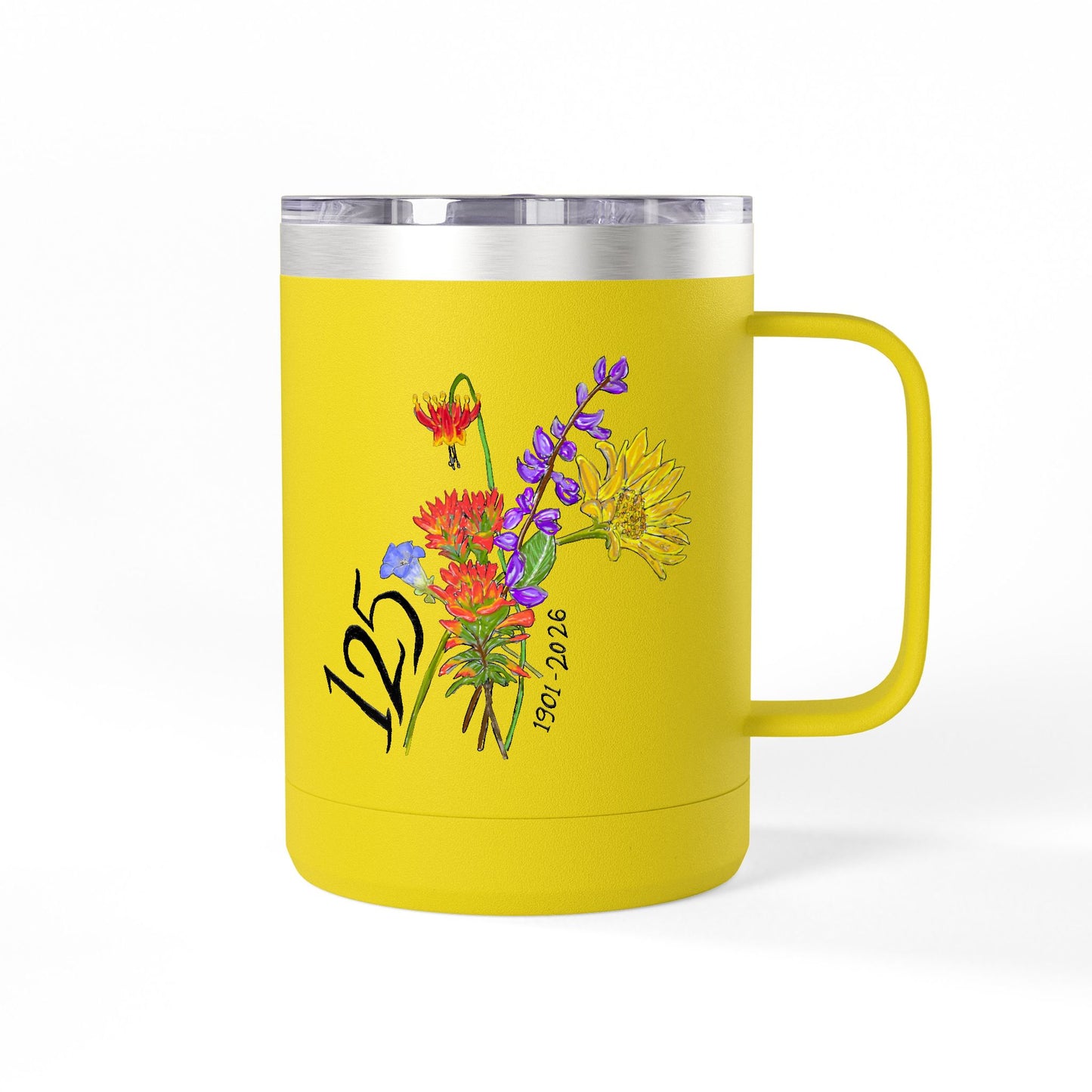 125th Anniversary Floral Travel Mug — Commemorative 15oz Tumbler