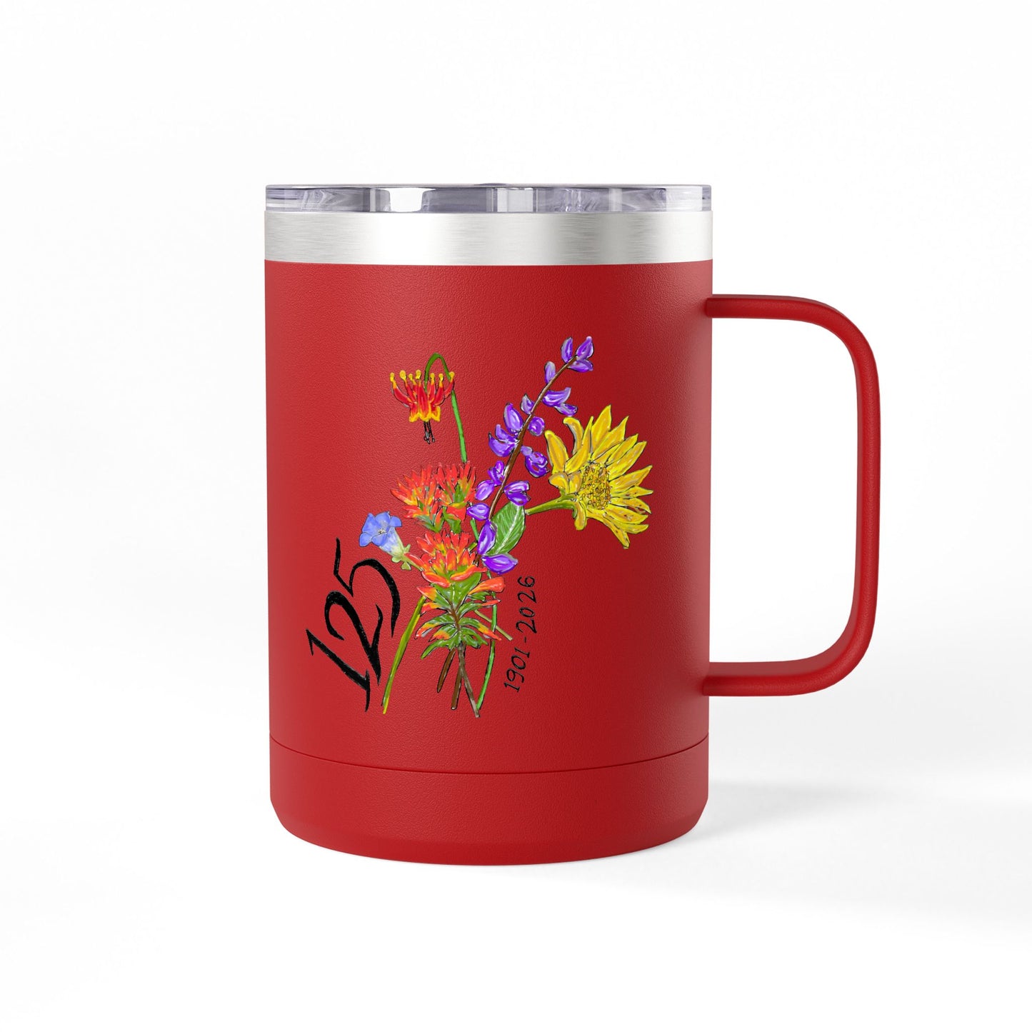 125th Anniversary Floral Travel Mug — Commemorative 15oz Tumbler